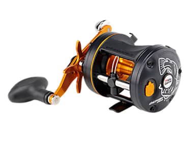 Abu Garcia C3 Catfish Special casting reel with extended bent handle and power knob for leverage, featuring a stainless steel bearing system, Carbon Matrix drag system, and six-pin centrifugal brake.